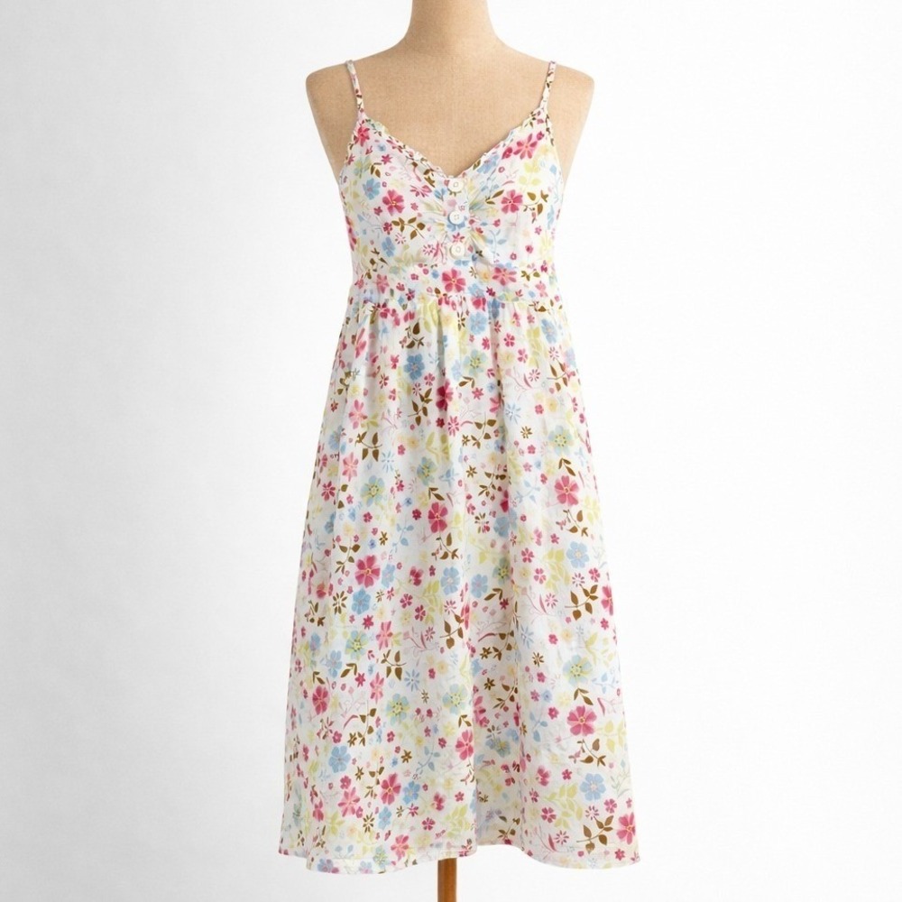 Floral Fairy Smocked Button Midi Dress‎ Size L White Pink Boho Beach Romantic